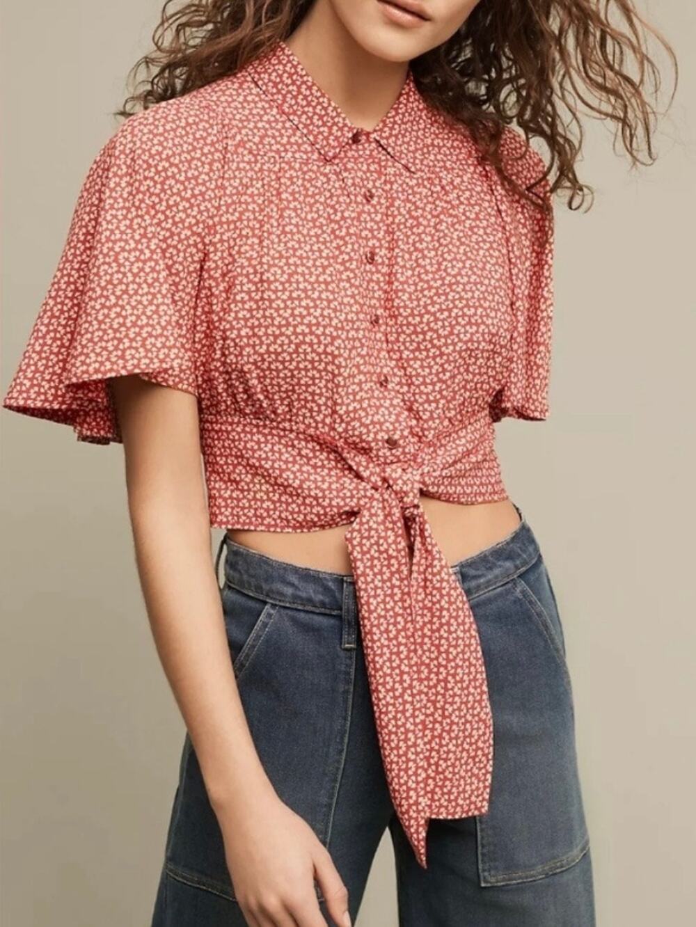 Anthropologie Maeve Milly Cropped Tie Waist Top in Red Size 4
